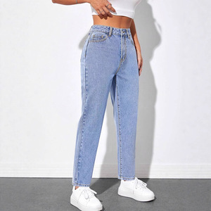 Plus Size Women's Light Blue Straight Leg <b>Jeans</b> High <b>Elasticity</b> Crouching <b>Waist</b> Japanese Korean Leisure Style Europe America - Product Image 3