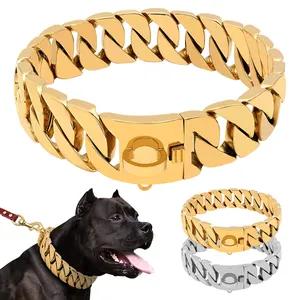 Luxo Dog Collar 32mm Pet Cadeia De Metal Cubano Link Coleiras Correntes De Cão De Ouro Para Pitbull Cães Grandes