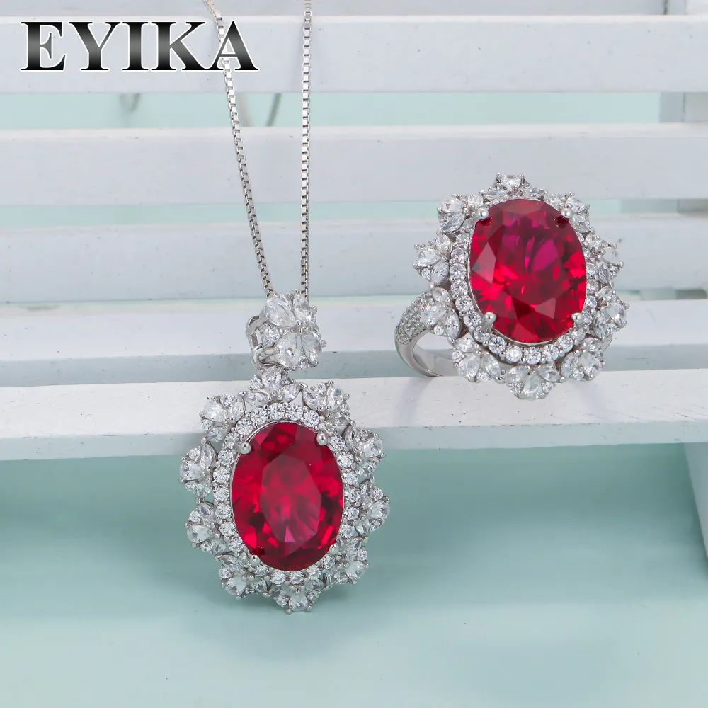 S925 Sterling Silver Luxury Vintage Ruby High Carbon Diamond Necklace Earrings Ring Bridal Jewelry Sets Gifts