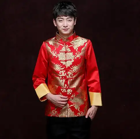 Traje Tang rojo tradicional chino para hombre, ropa con bordado de Hanfu, Top con estampado de dragón, Vintage, satén, Kungfu, etiqueta para fiesta de año nuevo