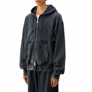 Venta al por mayor de los hombres personalizados Stonewashed Zip up Hoodie Distressed Logo Print con Oversize Acid Wash Zipper Puff Technics Hoodies - Product Image 2