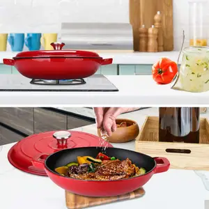 3.6 Litre Enameled Cast Iron Shallow Casserole Dish with Lid, Non Stick Cooking Pan Pot Dutch Oven