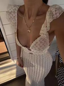 <span class=keywords><strong>Femme</strong></span> vacances tricoté plage robe femmes sans manches voir à travers taille haute longue couvrir robe col en V profond robes Sexy - Product Image 2