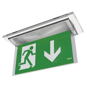 Pannello Segnaletico di Uscita di Emergenza Beghelli 33,5x20,5cm Autoadesivo Verde con Freccia verso il Basso - Product Image 1