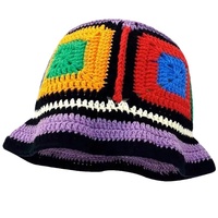 Chapeau Bob Femme en Acrylique à Maille Épaisse, Crocheté à la Main, Motif Plaid, Broderie 3D, Patchwork Multicolore