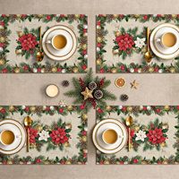 Napperons de Noël Poinsettia avec feuilles et clochettes, 12x18 pouces, fleurs rouges de Noël, hiver, pour cuisine et salle à manger, lavables
