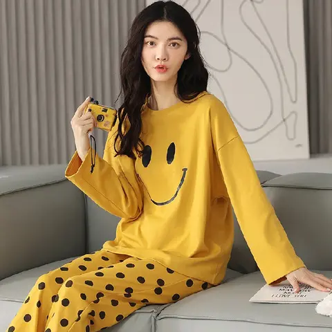 קוריאני סגנון קשור-קרסול שרוולים מכנסיים עם שרוך רגליים צהוב משובץ קריקטורה חמוד נשים Homewear רופף תלבושת