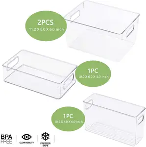 플라스틱 냉장고 정리함-주방 식료품 저장실용 손잡이가 있는 4 피스 냉장고 정리함 및 보관 투명함