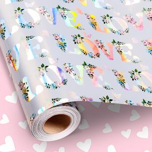 Love Floral Wrapping Paper Roll Double Side Reversible Pink Heart Design Gift Wrap For Wedding Bridal Shower Valentine's Day - Product Image 1