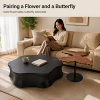 Table basse décorative contemporaine en forme de fleur noire, table d'appoint en bois avec ailes de papillon, piétement cylindrique en métal doré