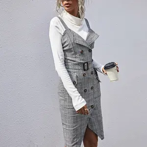 False two dresses autumn temperament shirt sexy splicing slim stripe workplace light ripe wind women Wool plaid suspenders dress