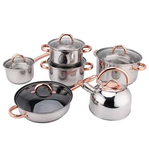 12pcs Rose Gold Plated Handle Stainless Steel Belly Shape Non-stick Cookware Sets Stainless High Quality Cooking Pots Set