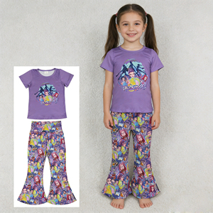 Conjunto de Ropa para Niña al por Mayor, Estilo Casual de Primavera/Otoño, Camiseta de Algodón y Spandex con Estampado de Dibujos Animados Kpop, Pantalones Acampanados, 2 Piezas - Product Image 3