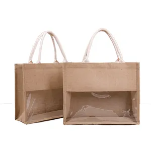 Новое поступление, модная простая Портативная сумка для покупок, прозрачная Джутовая сумка-тоут с пуговицами, льняные сумки