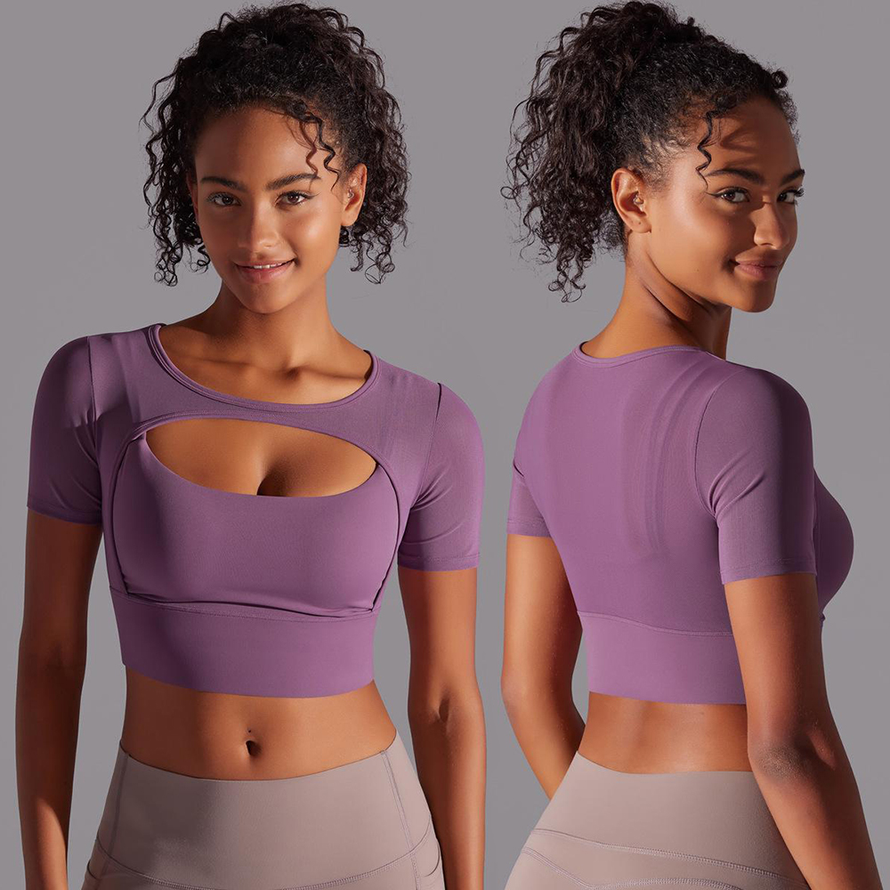 Solid Color Patchwork Mesh Sexy Double Short Sleeve Halter Push-up Bra Running Fitness Yoga Wear Top for Women