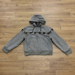 Sweat à capuche gris en denim pour homme, zippé, patchwork, brodé, effet vieilli, 100% coton, coupe courte, sérigraphie, streetwear décontracté, hiver - Product Image 1