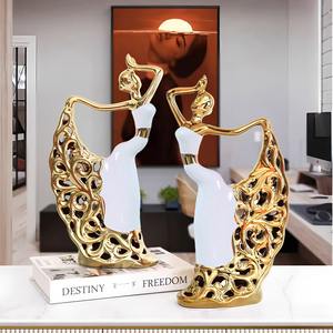 تمثال رقص طاووس سيراميك ذهبي أبيض فاخر شمالي-ديكور منزلي أنيق لغرفة المعيشة ، خزانة ، خزانة بار ، استوديو رقص - Product Image 4