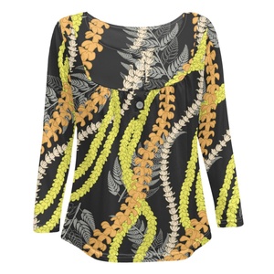 Hawaii Thời Trang In Trên Nhu Cầu Maile Và Mokihana Lei Tùy Chỉnh Thực hiện Của Phụ Nữ Giản Dị Cổ Tròn Dài Tay Áo T-Shirt - Product Image 1