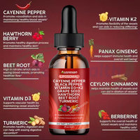 Complément alimentaire liquide OEM au poivre de Cayenne avec du poivre noir, des pépins de raisin, du curcuma, de la vitamine D3 K2, de l'hamamélis biologique et de la racine de betterave liquide