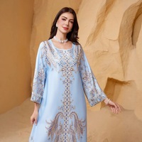 Abaya Kaftan à manches longues et col rond, ornée de perles et de strass, vêtements islamiques grande taille, bleu clair et jaune, vente en gros, sur mesure