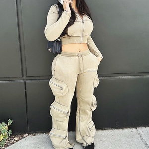 Custom Clothing Manufacturers Distressed Acid Wash Women <b>Crop</b> <b>Zip</b> <b>up</b> Jackets and Cargo Pants Women Two Piece Women Sweat Suits - Product Image 2
