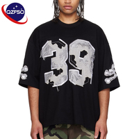 QZFSO T-shirts de sport personnalisés, coupe carrée, broderie vieillie, coupe courte, design en maille oversize, style streetwear, maillot de football américain