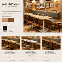 Ensemble de mobilier de restaurant commercial : banquette murale, coussins gris, tables en bois clair, chaises courbées - Vente en gros