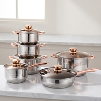 Batterie de cuisine en acier inoxydable avec poignées or rose, fond à induction, couvercles en verre composite 5 couches, comprenant faitout, casserole et poêle à frire