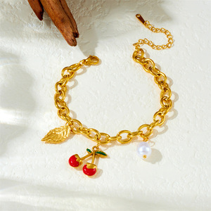 Fashion Charm Bracelet Zinc Alloy Chunky Chain Cherry Leaf Pearl Pendant Women's Jewelry Gift - Product Image 2