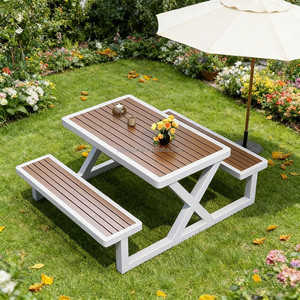 Tavolo Rettangolare in Alluminio con Panche Integrate e Foro per Ombrellone, Arredo per <span class=keywords><strong>Terrazze</strong></span> di Ristoranti all'Aperto, Uso Esterno Resistente - Product Image 4