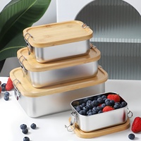 Conteneur alimentaire en acier inoxydable OEM, plusieurs tailles, boîte à lunch en métal, couvercle en bambou, clips anti-fuite verrouillables, réutilisable au lave-vaisselle