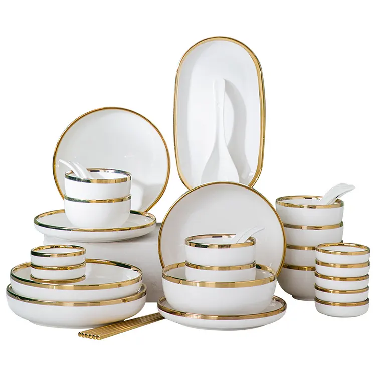 Eco-friendly bone china dinnerware set factory hot sale western style bone china set for 4 hotel gold tableware set dinnerware