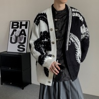 Cardigan en tricot ample à col en V et motif abstrait contrastant pour homme, idéal pour un usage quotidien décontracté