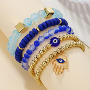 Fashion Beaded <b>Bracelet</b> Set Blue Gradient Glass <b>Beads</b> With Evil Eye Charm For Women And <b>Men</b> Summer 2025 Stackable Jewelry - Product Image 1