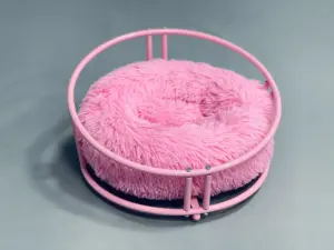 Bantal hewan peliharaan, tempat tidur anjing dan kucing bulat mewah merah muda lembut dengan bingkai logam