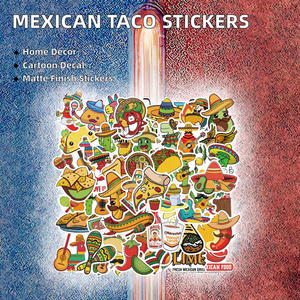 Cute Cartoon Mexican Food Taco Adesivos decorativos 50pcs PVC para Car Wall Bottle Laptop Chic Cactus Mexican Home Decoration - Product Image 2