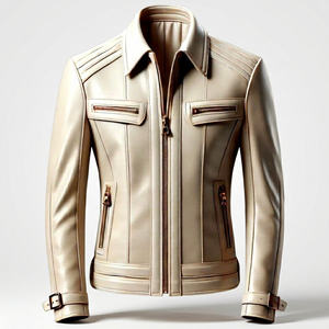 Blouson moto en cuir véritable beige pour homme, col rabattu, fermeture éclair, coupe ajustée, manches classiques, couleur unie, automne - Product Image 1