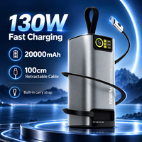 Batterie externe 20000mAh, charge rapide 130W, câble Type C rétractable, entrée 65W, écran TFT pour les voyages d'affaires et le bureau