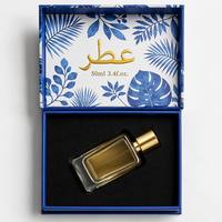 Boîte à parfum rigide bleu marine personnalisée en usine, recyclable, avec impression feuille de palmier tropicale et estampage à chaud doré, emballage cadeau noir