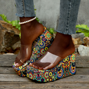 Sandales compensées à plateforme rayées colorées pour femmes, à bride transparente, à enfiler, à talon épais, style mules, chaussures de plage d'été - Product Image 6