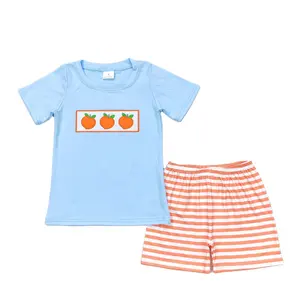 RTS 아기 소년 유아 반소매 복숭아 블루 자수 티셔츠 최고 도매 어린이 줄무늬 의상 의류 세트