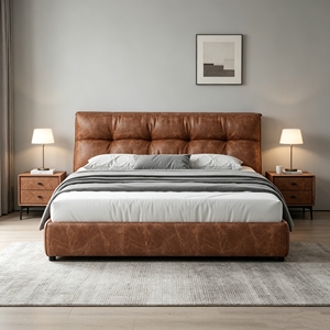 Cama matrimonial de cuero genuino color camel con caja de almacenamiento alta, para <span class=keywords><strong>dormitorio</strong></span> principal y secundario, con paquete de accesorios suaves. - Product Image 1