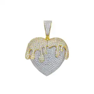 Perhiasan Hip Hop liontin hati gembung perak besar berlian imitasi Punk desain emas kustom