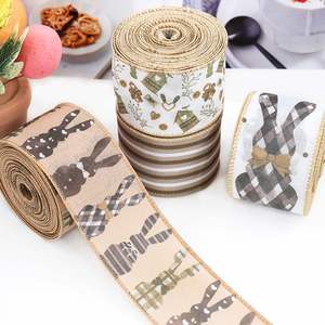 <b>Easter</b> Rustic Charm 6.3cm 5 Yards Bunny & Stripe Wired Burlap Ribbon for <b>Easter</b> Wreath & <b>Basket</b> Decor <b>Gift</b> Wrapping - Product Image 1