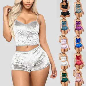 Sexy tops and shorts 2 piece sets velour strap pyjamas women luxury fluffy sleepwear velvet pajamas set