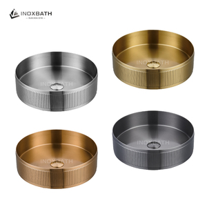 Lavabo da Appoggio Rotondo con Motivo a Righe in Acciaio Inox 304 Dorato per Casa, Hotel, Ristorante, Bagno - Product Image 1