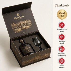 Caja de Regalo Personalizada para Coñac, Caja Rígida para Brandy con Lámina Dorada de Viñedo e Inserto de Vidrio, Empaque Premium para Brandy Francés - Product Image 1