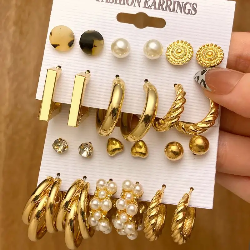 Trendy Gold Metal Earrings Set For Women Fashion Geometric Pearl Circle Drop Earrings 2023 Trend Set of Earrings Jewelry