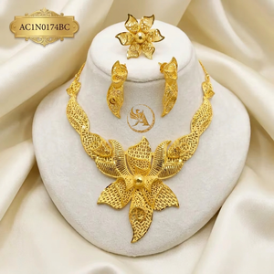 Gold Plated Brass Flower Box Chain <b>Necklace</b> Earrings & <b>Ring</b> Set for Women-Party & Wedding Jewelry - Product Image 1
