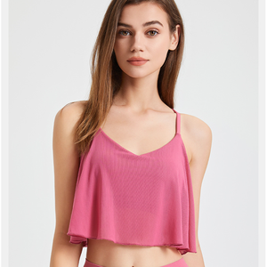 Women V <b>Neck</b> Mesh Ruffle Flowy Yoga Crop Top Thin Crisscross Back Sleeveless <b>Padded</b> Workout Tank Top Loose Fit Pilates Cami - Product Image 3